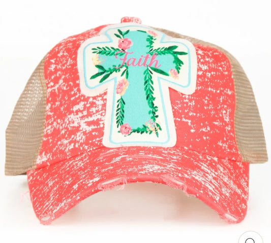 ROSE FAITH CROSS PATCH ON CORAL SPATTER HAT