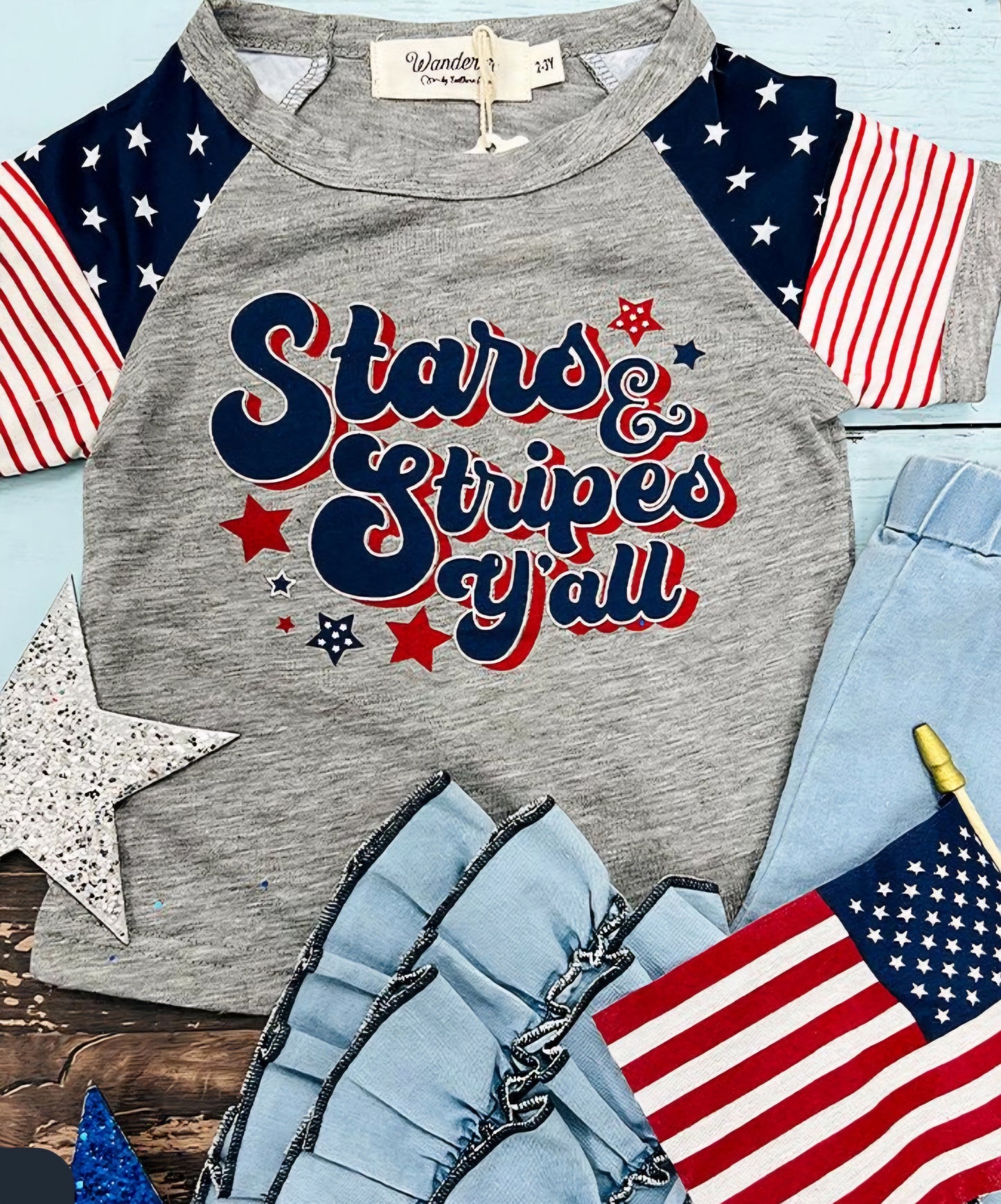 GIRLS GREY AND STARS AND STRIPES GRAPHIC TEE