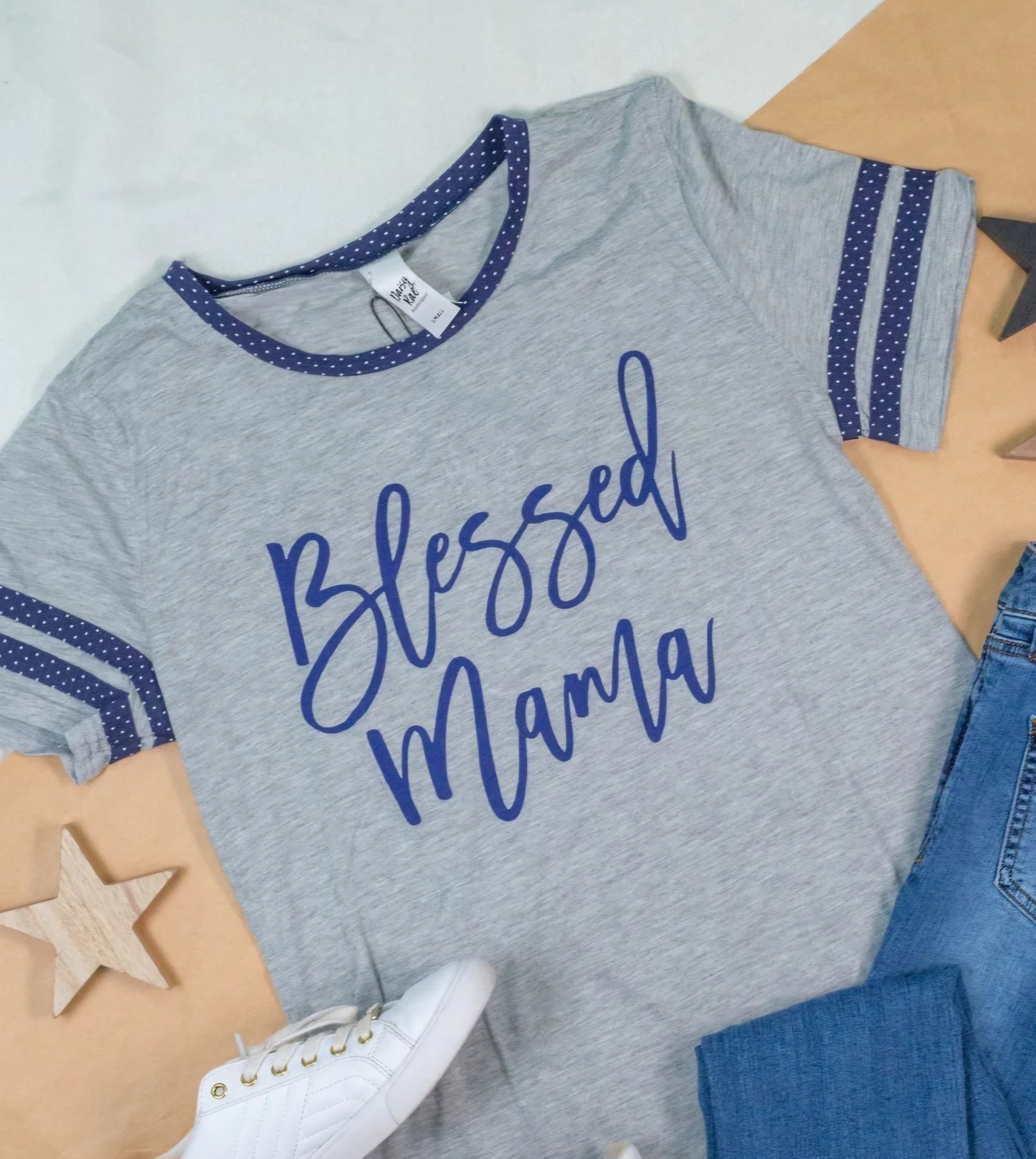 BLESSED MAMA ON LIGHT GREY TEE WITH NAVY POLKA DOT TRIM