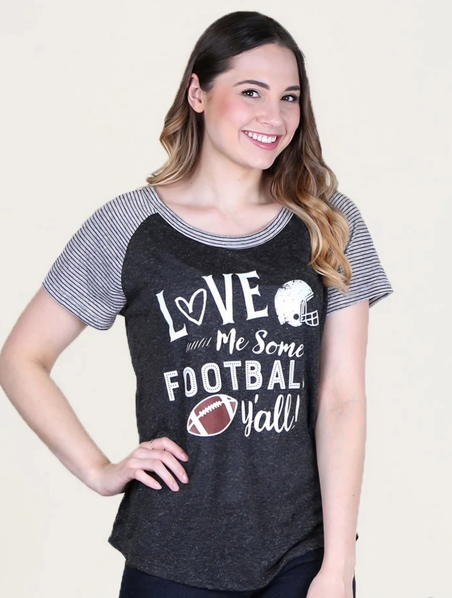 LOVE ME SOME FOOTBALL Y'ALL ON CHARCOAL BODY WITH GREY & BLACK STRIPED SHORT SLEEVE