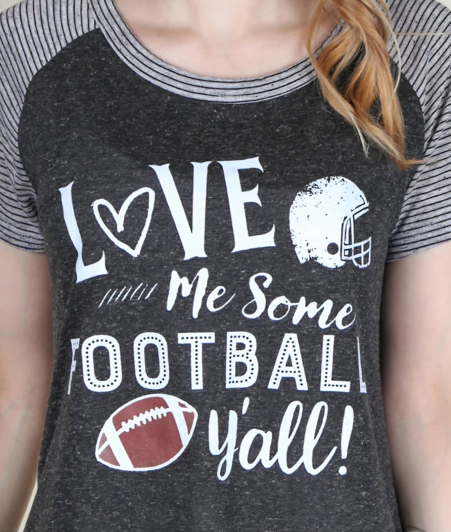 LOVE ME SOME FOOTBALL Y'ALL ON CHARCOAL BODY WITH GREY & BLACK STRIPED SHORT SLEEVE