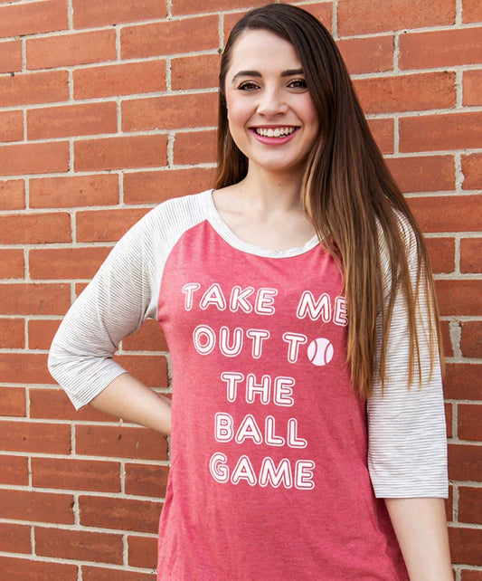 TAKE ME OUT TO THE BALL GAME ON FADED RED & GREY STRIPED RAGLAN