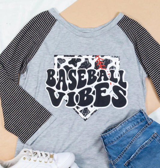 Baseball Vibes on Light Grey Raglan with Black Stripe Sleeves - Grey