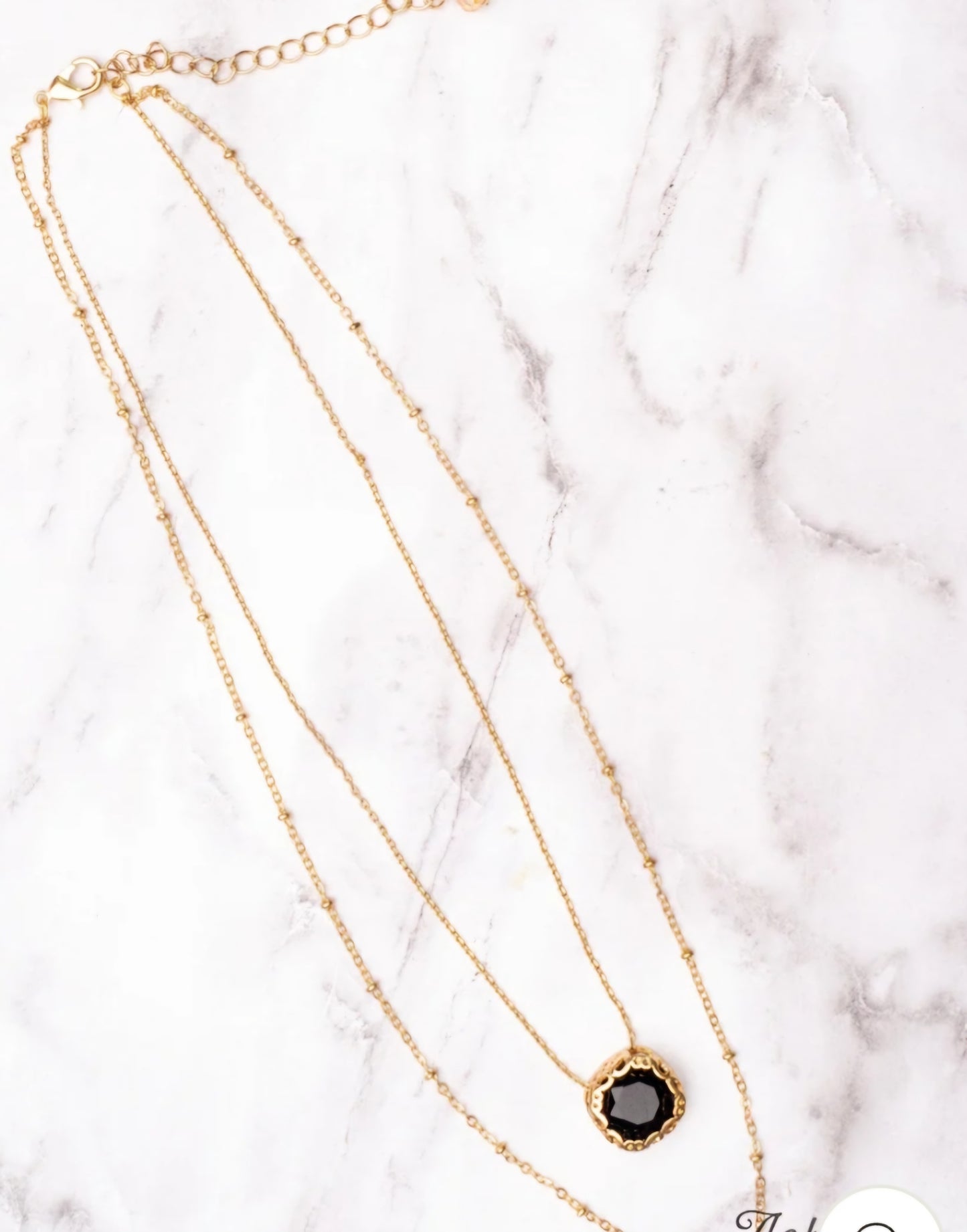 GALA EVENING BLACK CRYSTAL PENDANT GOLD LAYERED NECKLACE