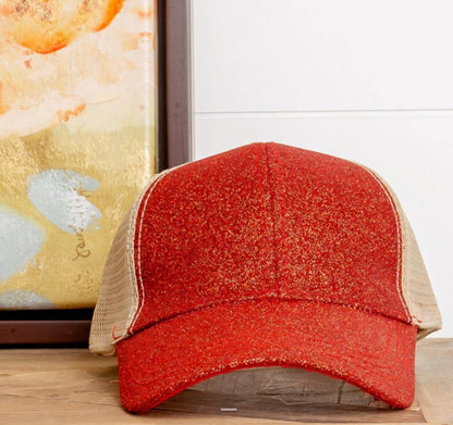 RED GLITTER HAT WITH BEIGE MESH