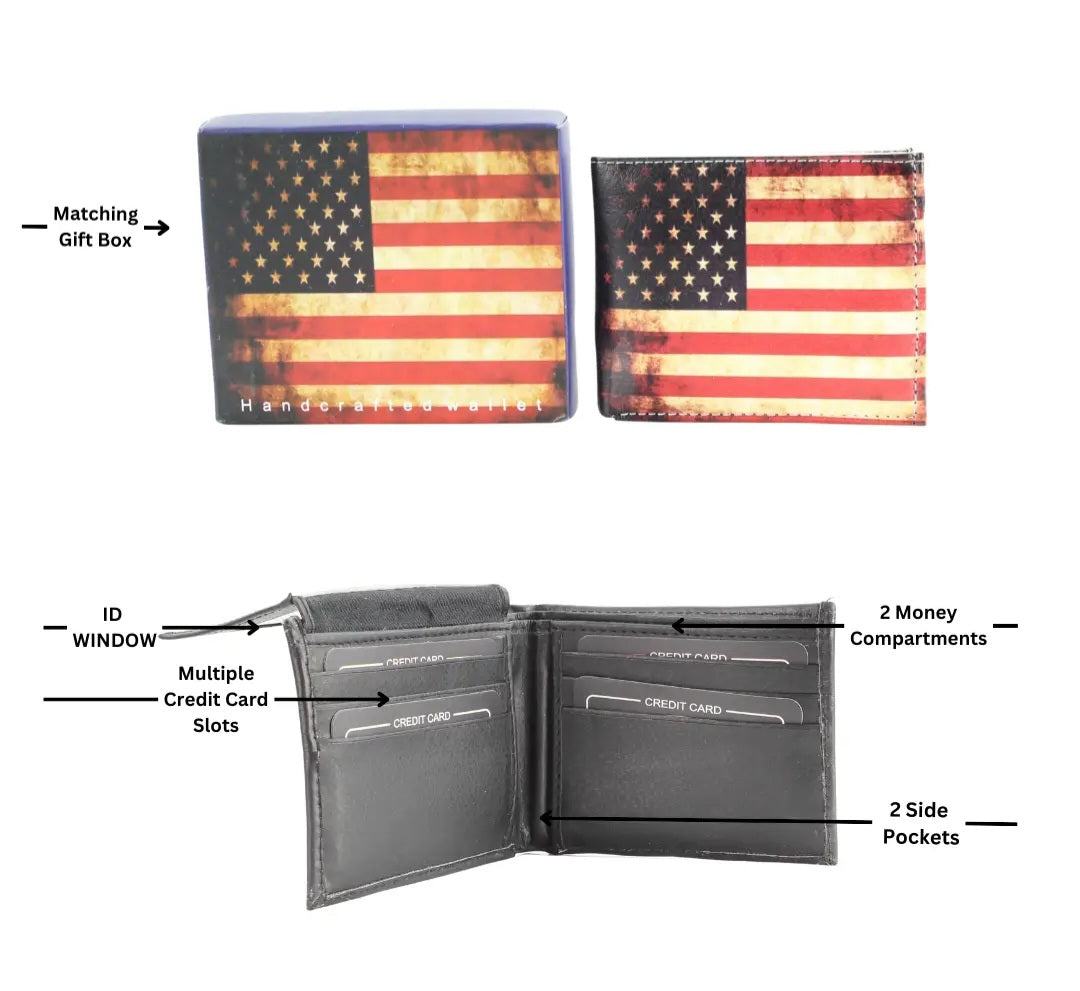 Distressed American Flag Vegan Leather Bifold Wallet with Matching Gift Box