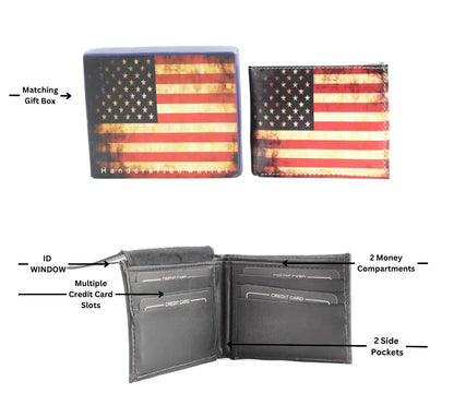 Distressed American Flag Vegan Leather Bifold Wallet with Matching Gift Box