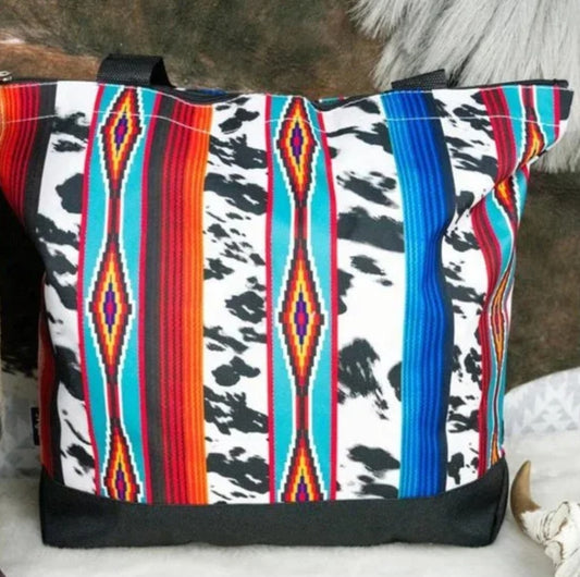 NGIL Medium Black Cow Serape Top Zipper Closure Canvas Tote Bag with Attached Matching Coin Purse