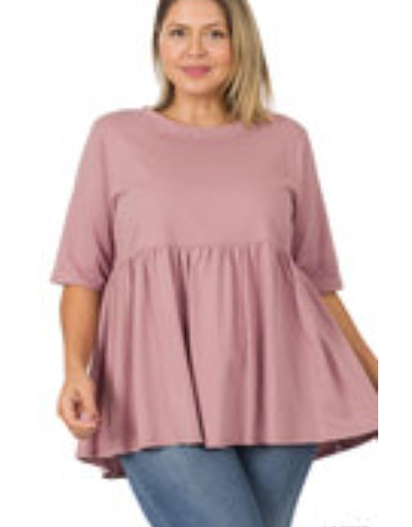 PLUS HALF SLEEVE EMPIRE WAIST SHIRRING TOP Zenana Light Rose Color