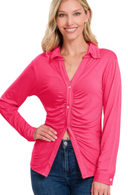 Zenana Stretchy Button Down Shirt w/ Ruched Detail