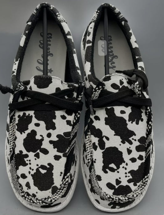 Gypsy Jazz "Meadows" Black & White Cow Slip-on Shoes Womens