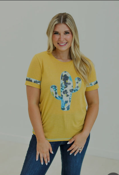 CACTUS AND TURQUOISE ON MUSTARD TEE WITH COWPRINT