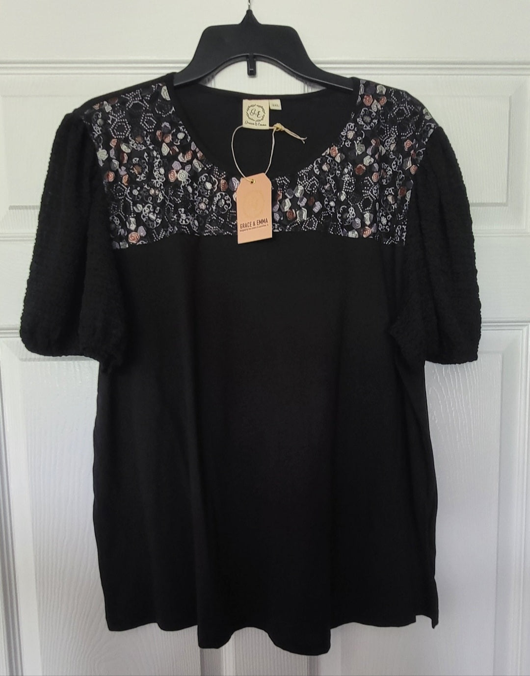 Grace and Emma Ladies Top black floral neckline