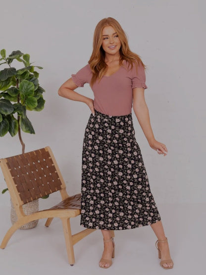 MIKAROSE Midi Skirt in Black Blossom