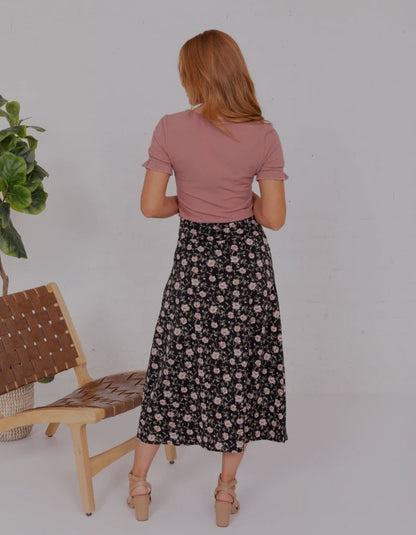 MIKAROSE Midi Skirt in Black Blossom