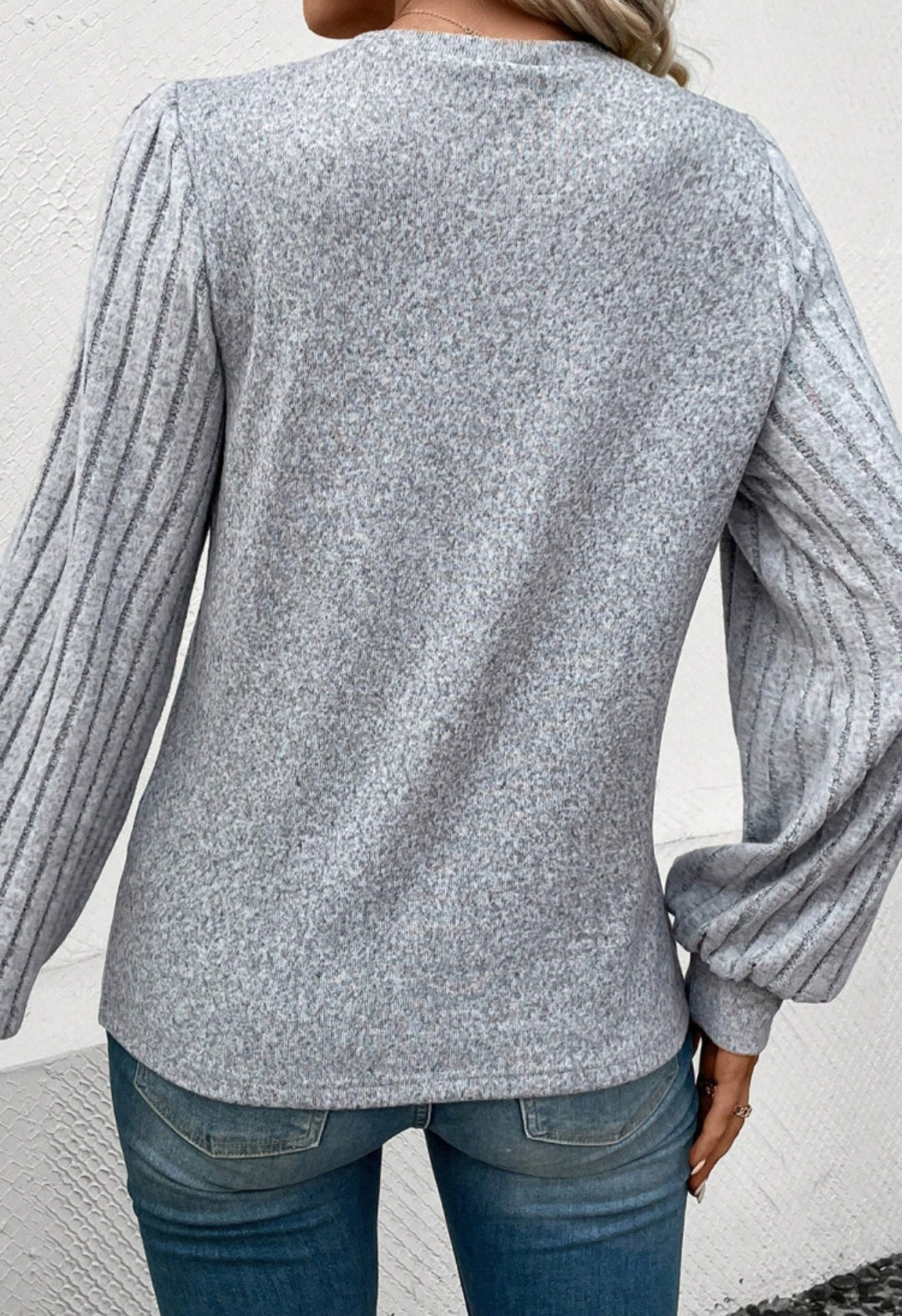 Gray Contrast Ribbed Bishop Sleeve Top