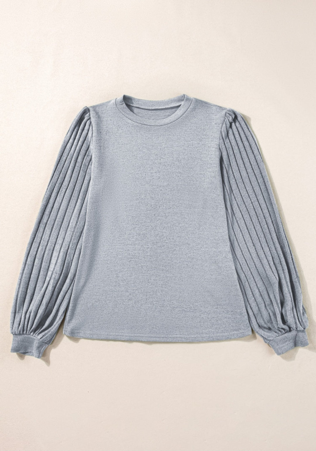 Gray Contrast Ribbed Bishop Sleeve Top