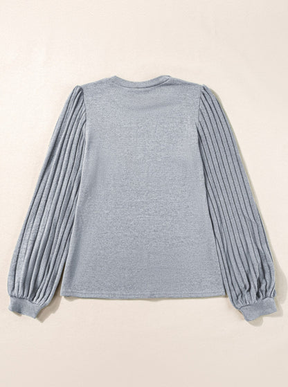 Gray Contrast Ribbed Bishop Sleeve Top