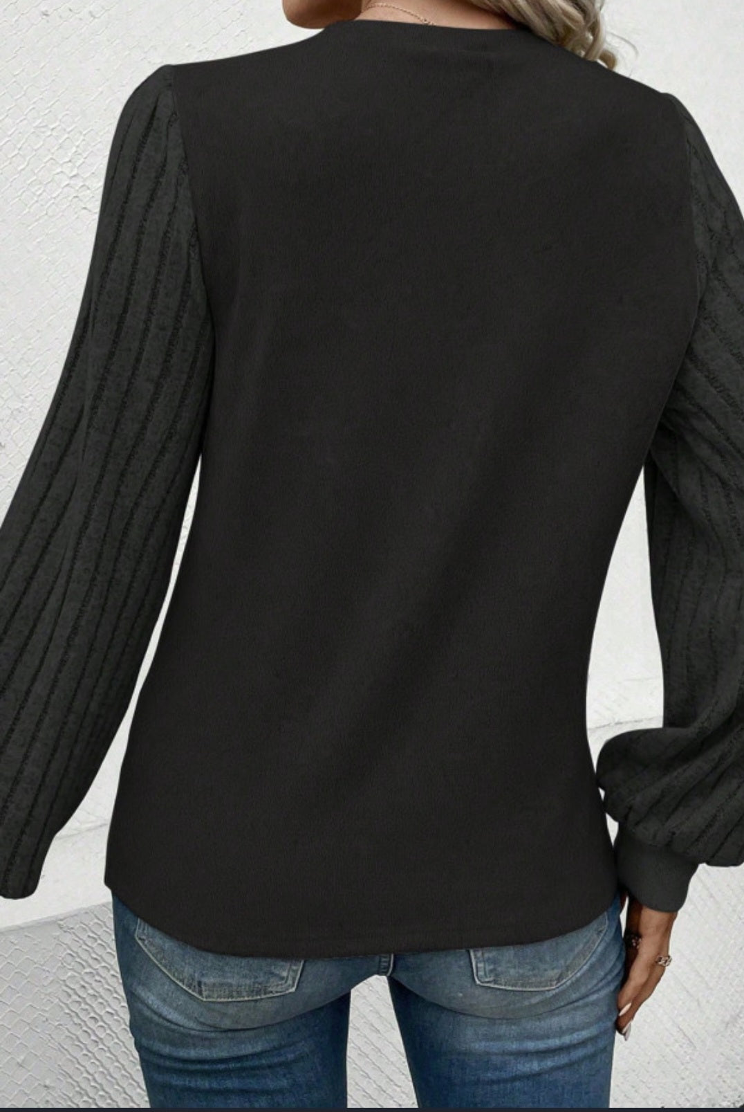 Black Ribbed Contrast Bishop Long Sleeve Shirt