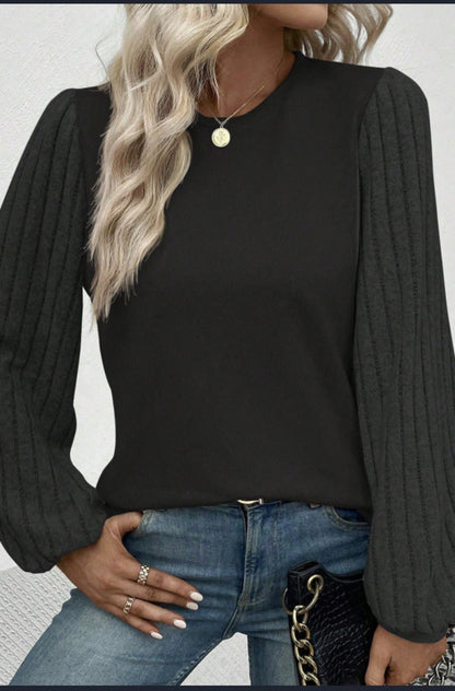 Black Ribbed Contrast Bishop Long Sleeve Shirt