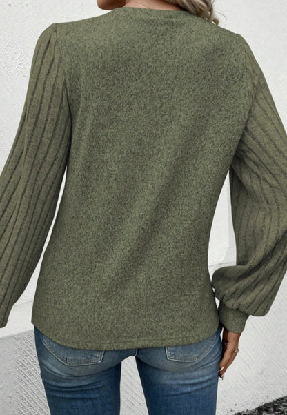 Jungle Green Contrast Ribbed Bishop Longsleeve Top