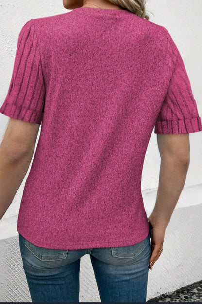 Bright Pink Rib Splicing Sleeve Round Top Ladies