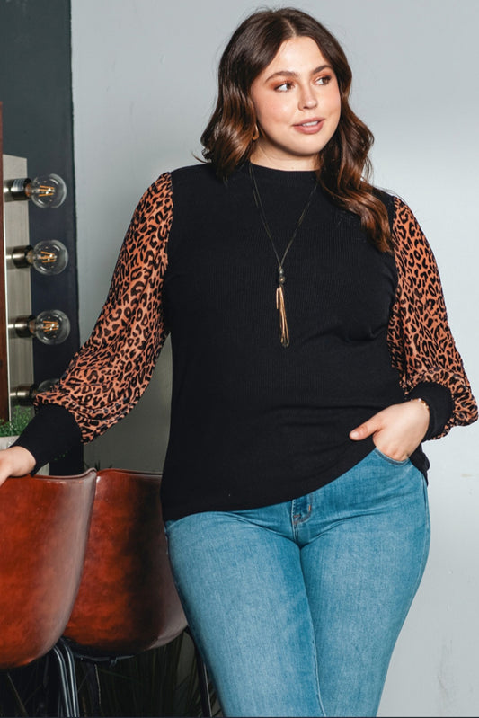 Plus Size Ladies Black Leopard Ribbed Shirt Long Sleeved