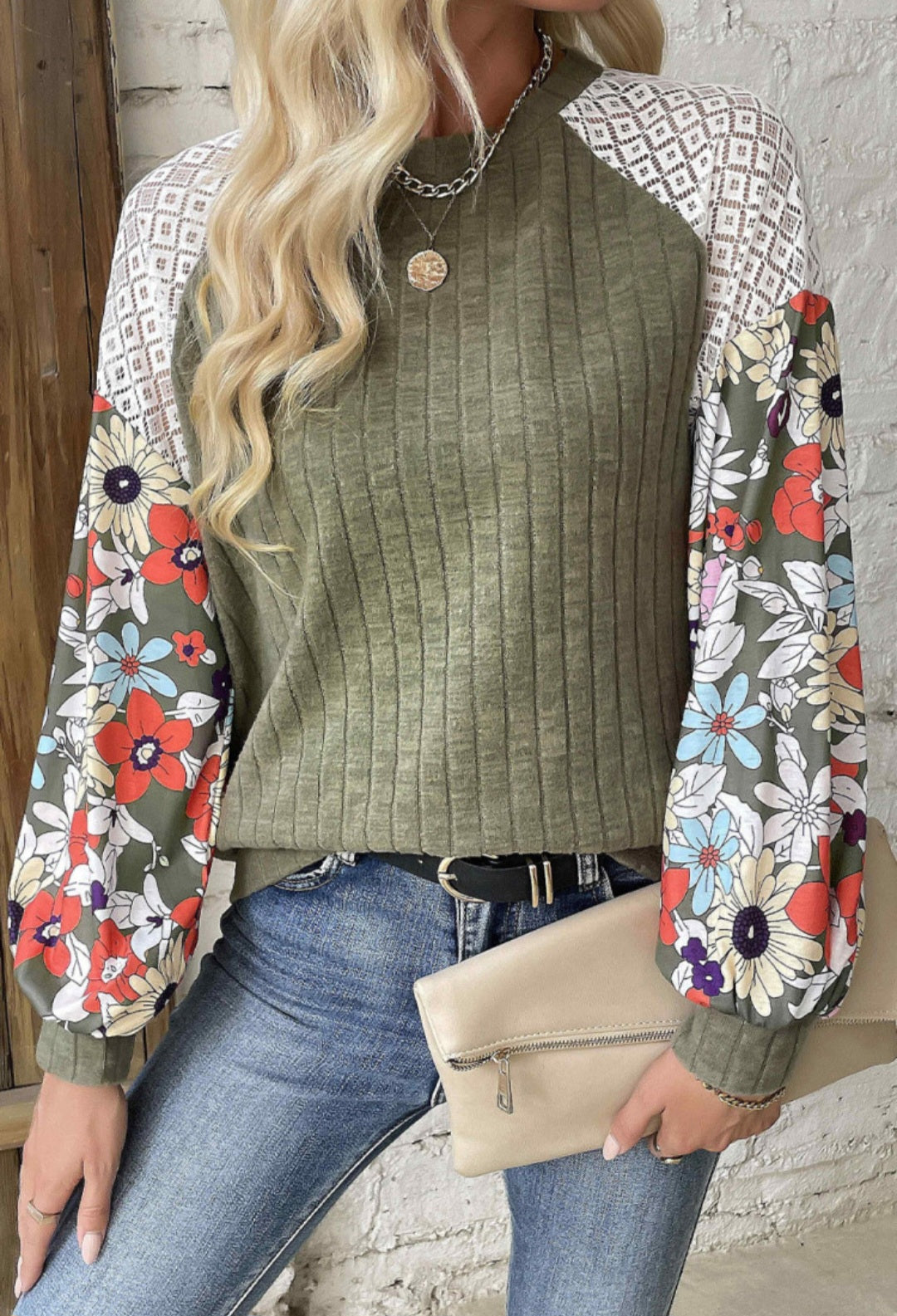 Laurel Green Patchwork Ribbed Floral Long Sleeve Top