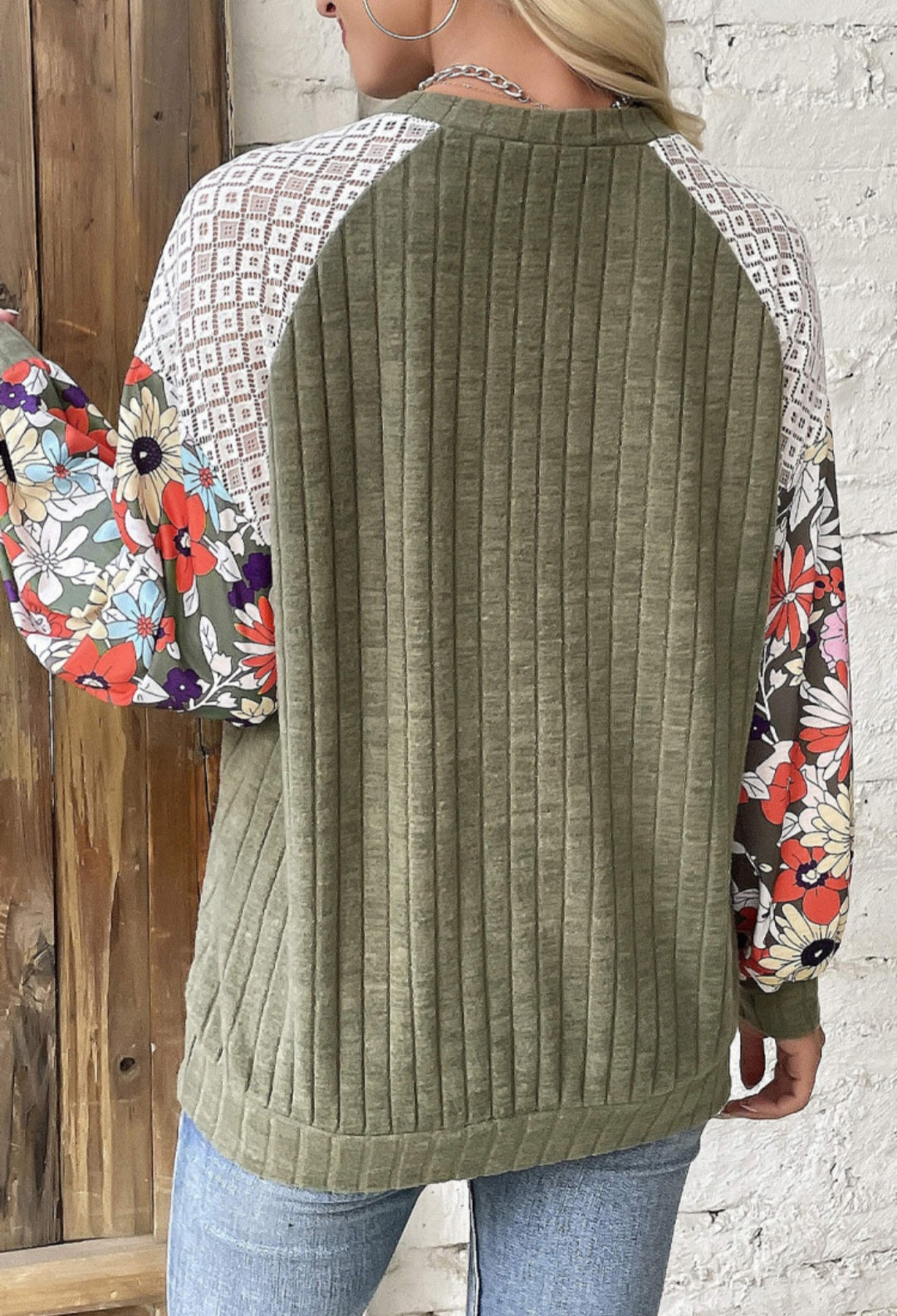 Laurel Green Patchwork Ribbed Floral Long Sleeve Top