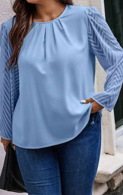 Ruched Cokor Block Light Blue Blouse Plus Size