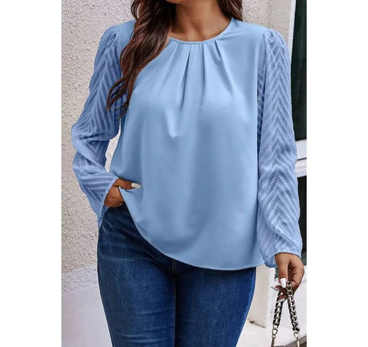 Ruched Cokor Block Light Blue Blouse Plus Size