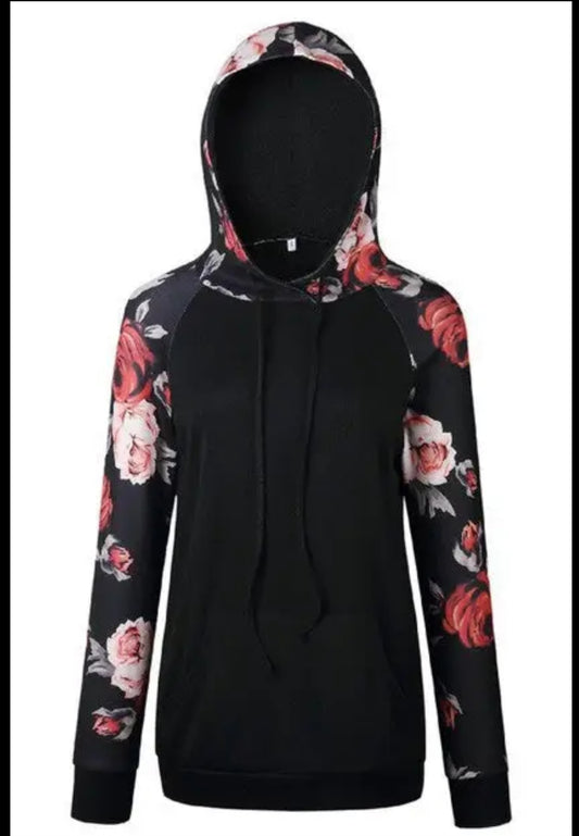 Floral Print Pocket Hoodie Black