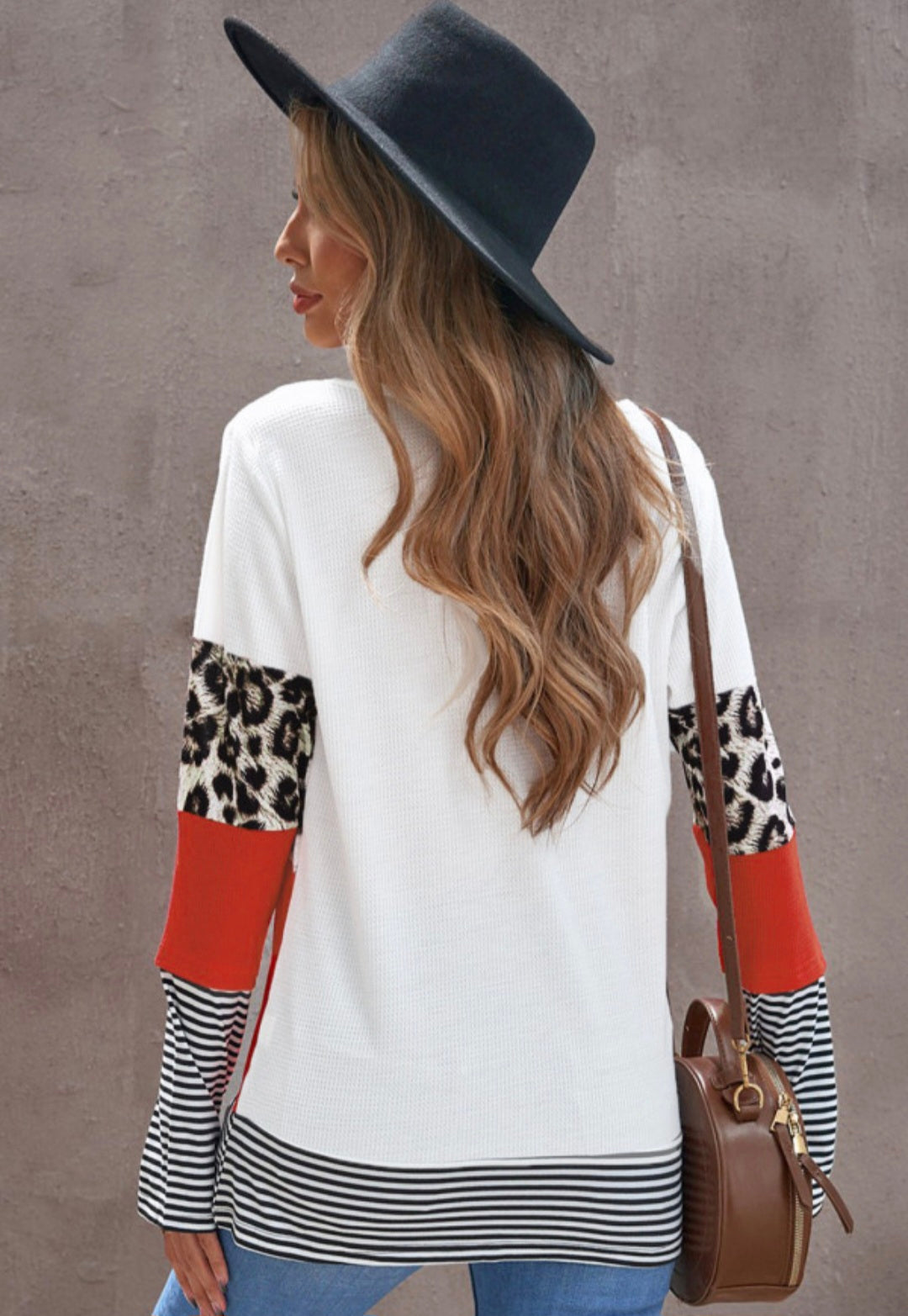 Orange Stripes Leopard Splicing Colorblock Long Sleeve Top