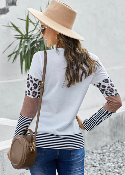 Brown Stripes Leopard Splicing Colorblock Long Sleeve Top