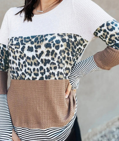 Brown Stripes Leopard Splicing Colorblock Long Sleeve Top