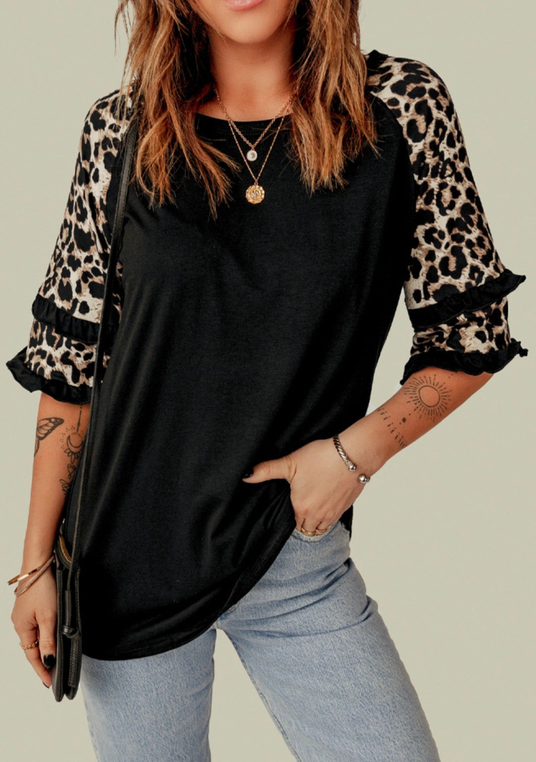 Black Ruffled Leopard Sleeve Patchwork Top