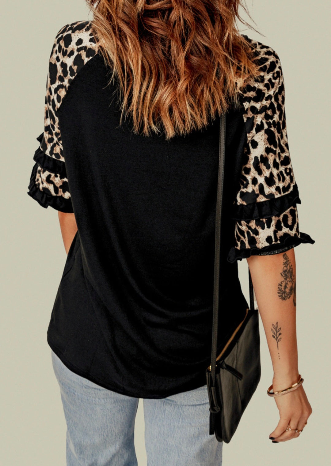 Black Ruffled Leopard Sleeve Patchwork Top