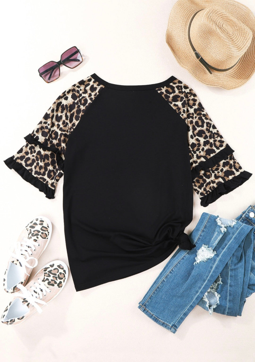 Black Ruffled Leopard Sleeve Patchwork Top