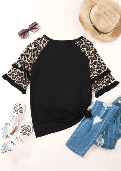 Black Ruffled Leopard Sleeve Patchwork Top