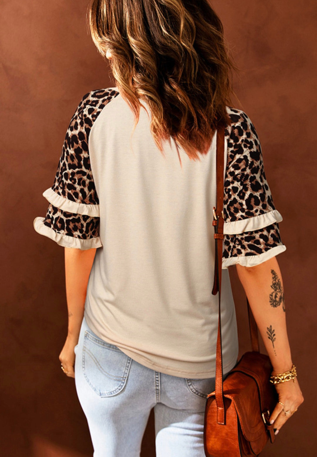 Apricot Ruffled Leopard Sleeve Patchwork Top