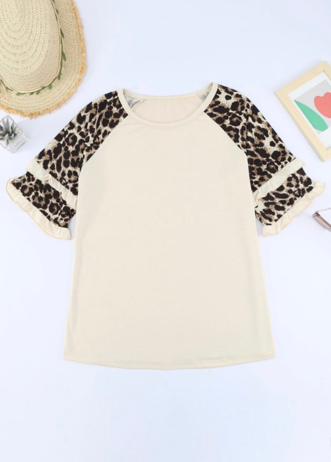 Apricot Ruffled Leopard Sleeve Patchwork Top