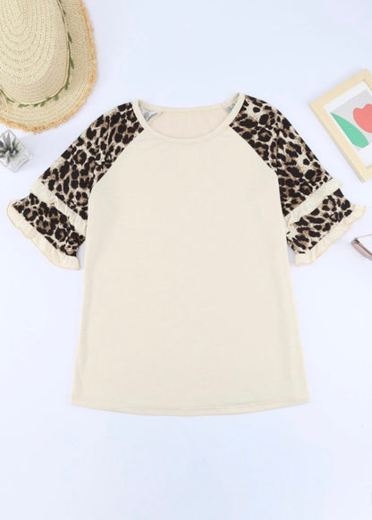 Apricot Ruffled Leopard Sleeve Patchwork Top