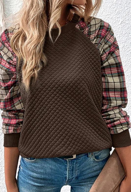 Brown Plaid Raglan Sleeve Sweatshirt