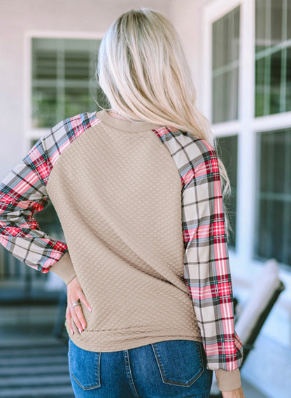 Apricot Plaid Raglan Sleeve Sweatshirt