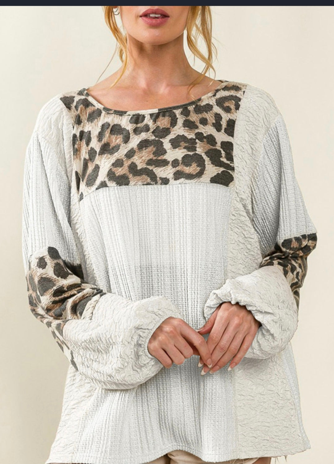 White Leopard Patch Puff Sleeve Textured Blouse