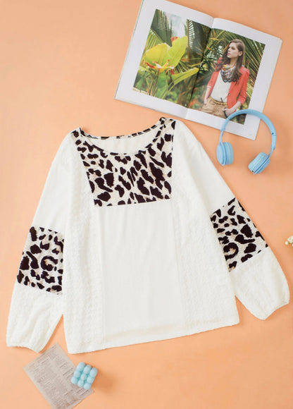 White Leopard Patch Puff Sleeve Textured Blouse