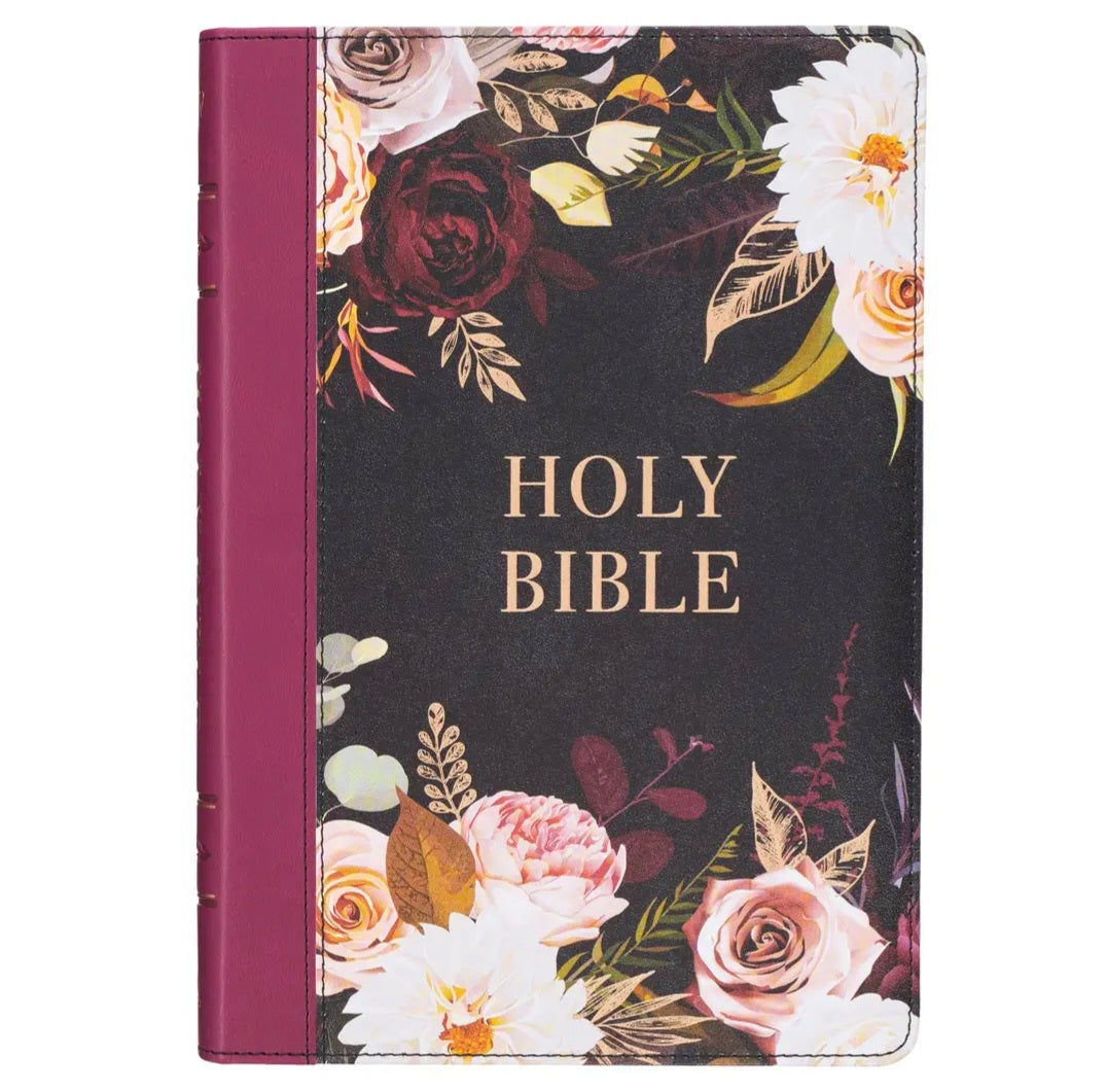 Black and Burgundy Floral Faux Leather Large Print Thinline King James Version Bible with Thumb Index