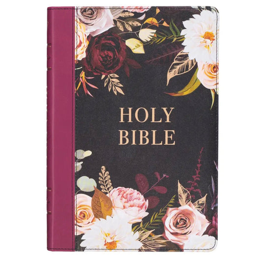 Black and Burgundy Floral Faux Leather Large Print Thinline King James Version Bible with Thumb Index