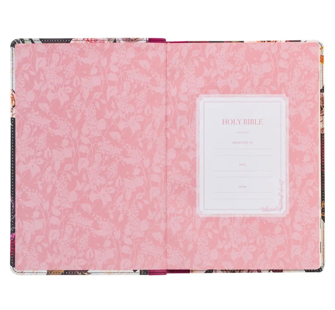 Black and Burgundy Floral Faux Leather Large Print Thinline King James Version Bible with Thumb Index