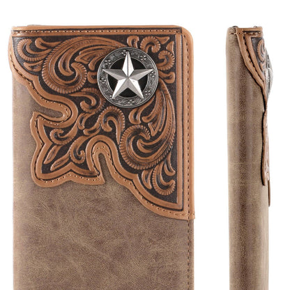 MW-610  Embossed Lone Star Concho Men's Bifold Long PU Leather Wallet: Brown